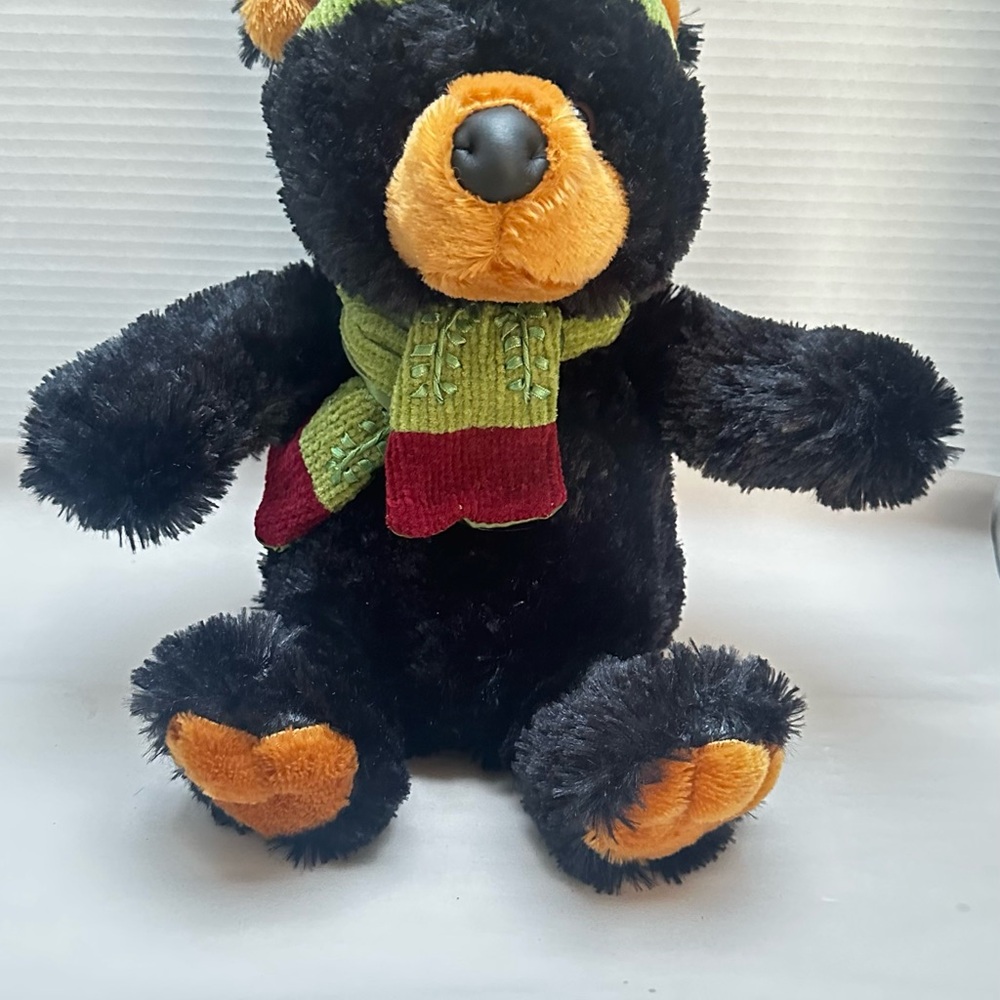 Black and Orange Stuffed Bear with Cozy Scarf